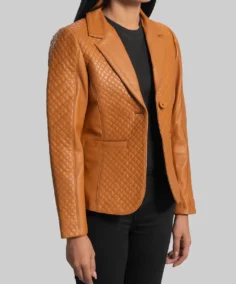 Women’s Quilted Camel Brown Leather Blazer Side - Trendy Leather Jackets