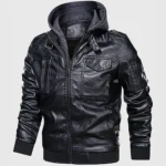 Chris Men’s Black Hooded Bomber Leather Jacket - Image 2