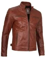 Cognac Brown Cafe Racer Leather Jacket for Men - Image 3