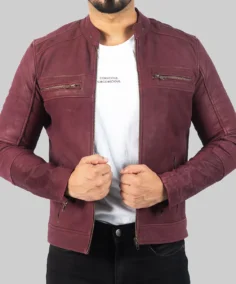 Men’s Burgundy Distressed Leather Biker Jacket Front