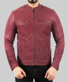 Men’s Burgundy Distressed Leather Biker Jacket