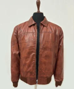 Craig Mens Brown Bomber Distressed Leather Jacket Shoot IMG Front Open Closure - Trendy Leather Jackets