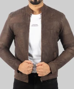 Men’s Distressed Dark Brown Leather Biker Jacket Front - Trendy Leather Jackets
