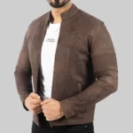 Men’s Distressed Dark Brown Leather Biker Jacket Side - Trendy Leather Jackets