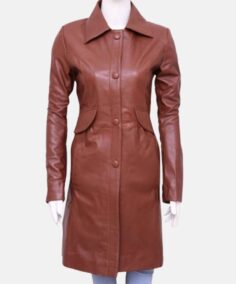 Women's Solid Brown Leather Coat