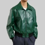 Donald Men’s Distressed Green Bomber Leather Jacket - Image 2