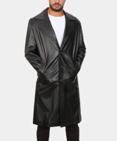 Ares Black Leather Coat Front