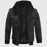 Jacey Men’s Black Hooded Bomber Leather Jacket