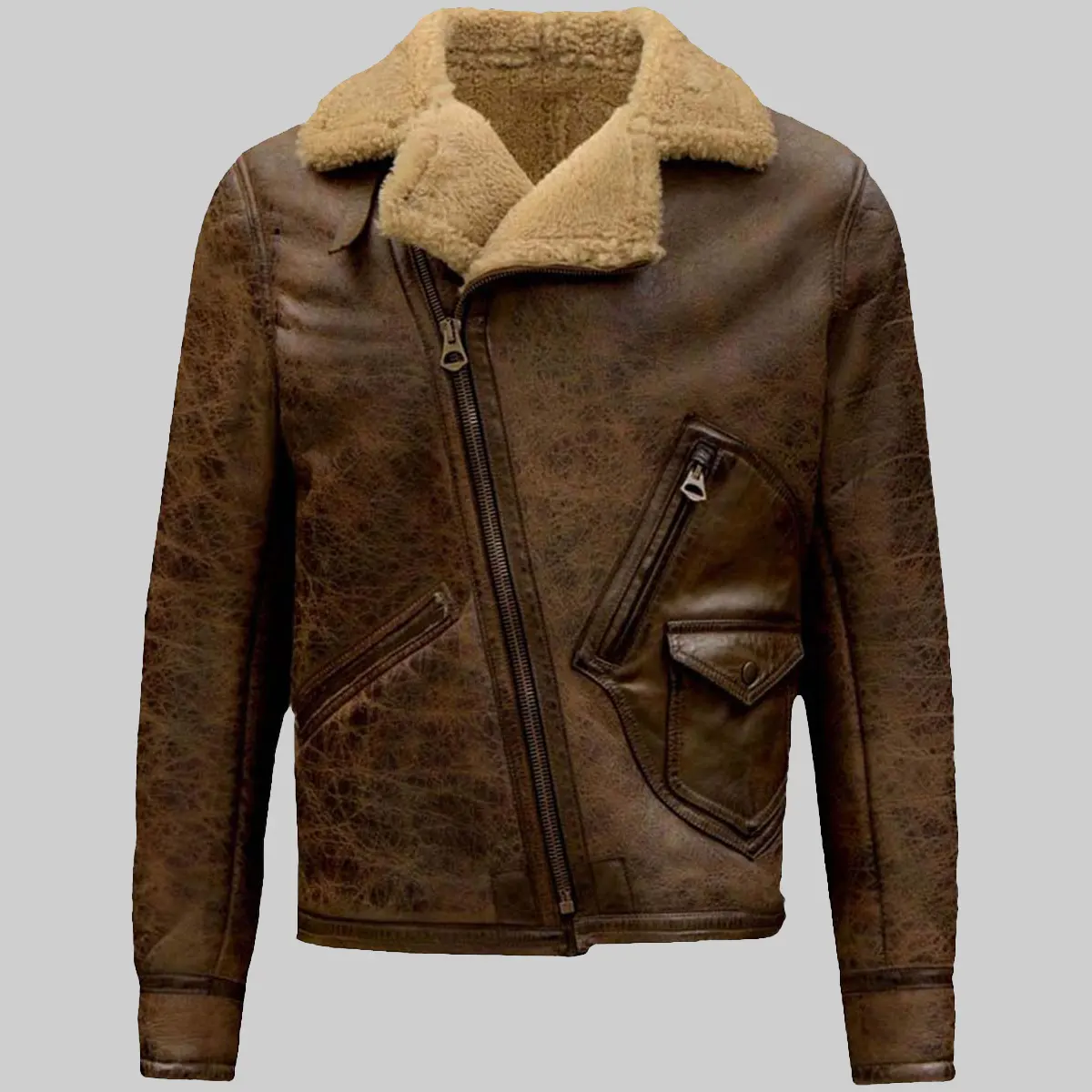 James-B-3-Shearling-Distressed-Brown-Leather-Aviator-Jacket-1.Webp Jamie Men’s Distressed Brown Bomber Leather Jacket - Image 1