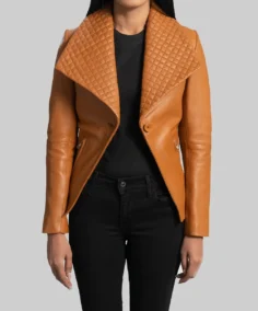 Women’s Camel Brown Leather Blazer Front - Trendy Leather Jackets