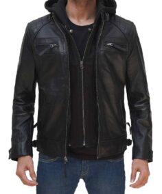Johnson Mens Hooded Black Leather Jacket