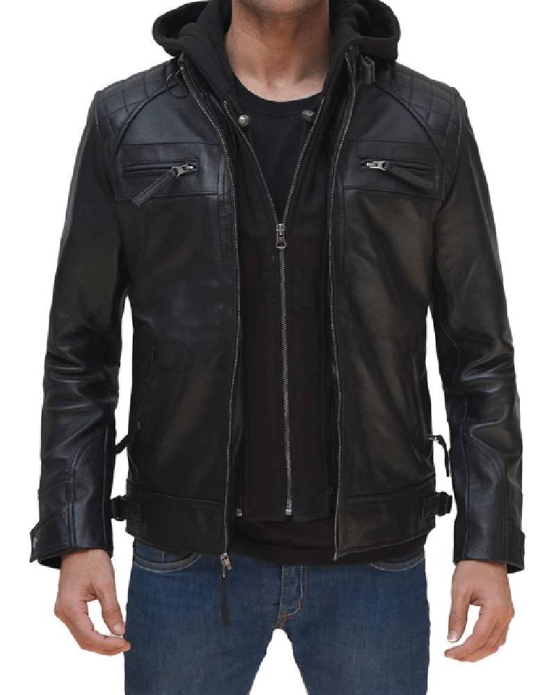 Johnson Mens Hooded Black Leather Jacket Johnson Mens Hooded Black Leather Jacket