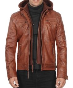 Johnson Brown Leather Jacket with Detachable Hood - Trendy Leather Jackets