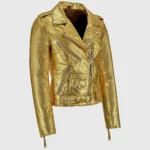 Katherine Women’s Golden Metallic Leather Biker Jacket - Image 2