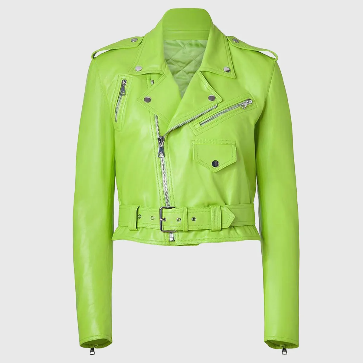 Katherine-Womens-Light-Green-Leather-Biker-Jacket-2.Webp Women’s Light Green Leather Biker Jacket - Image 1