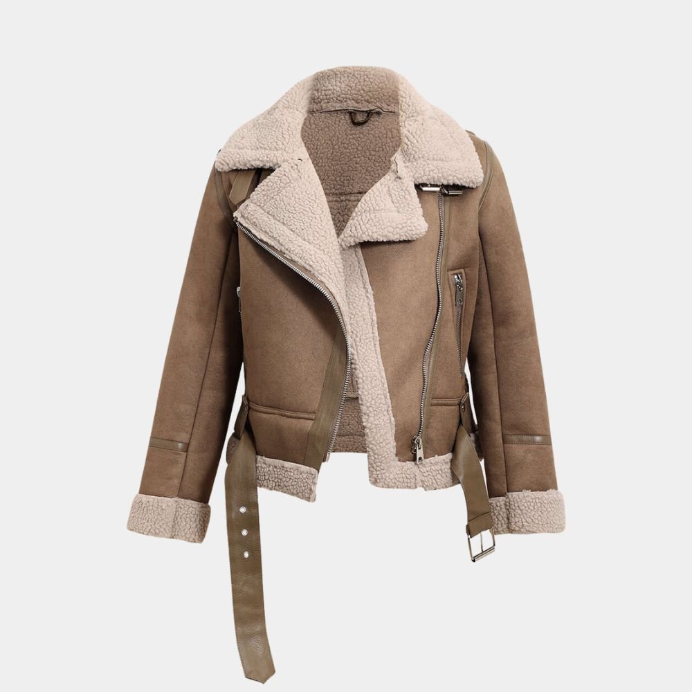 La-Brea-Natalie-Zea-Faux-Shearling-Sand-Brown-Leather-Jacket-Front-View-1.Jpg Women Brown Aviator Shearling Jacket - Image 1