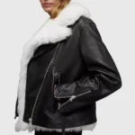 Women Black Shearling Leather Jacket Side - Trendy Leather Jackets