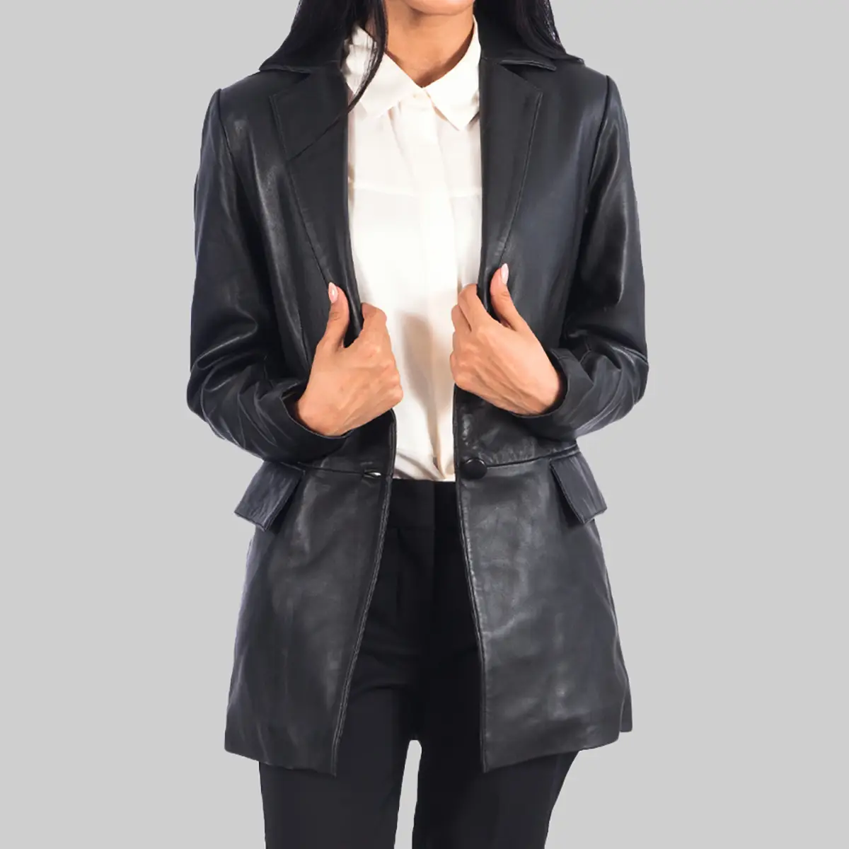 Laura-Womens-Black-Leather-Blazer-Front-Open.webp Laura Women’s Black Leather Blazer - Image 1