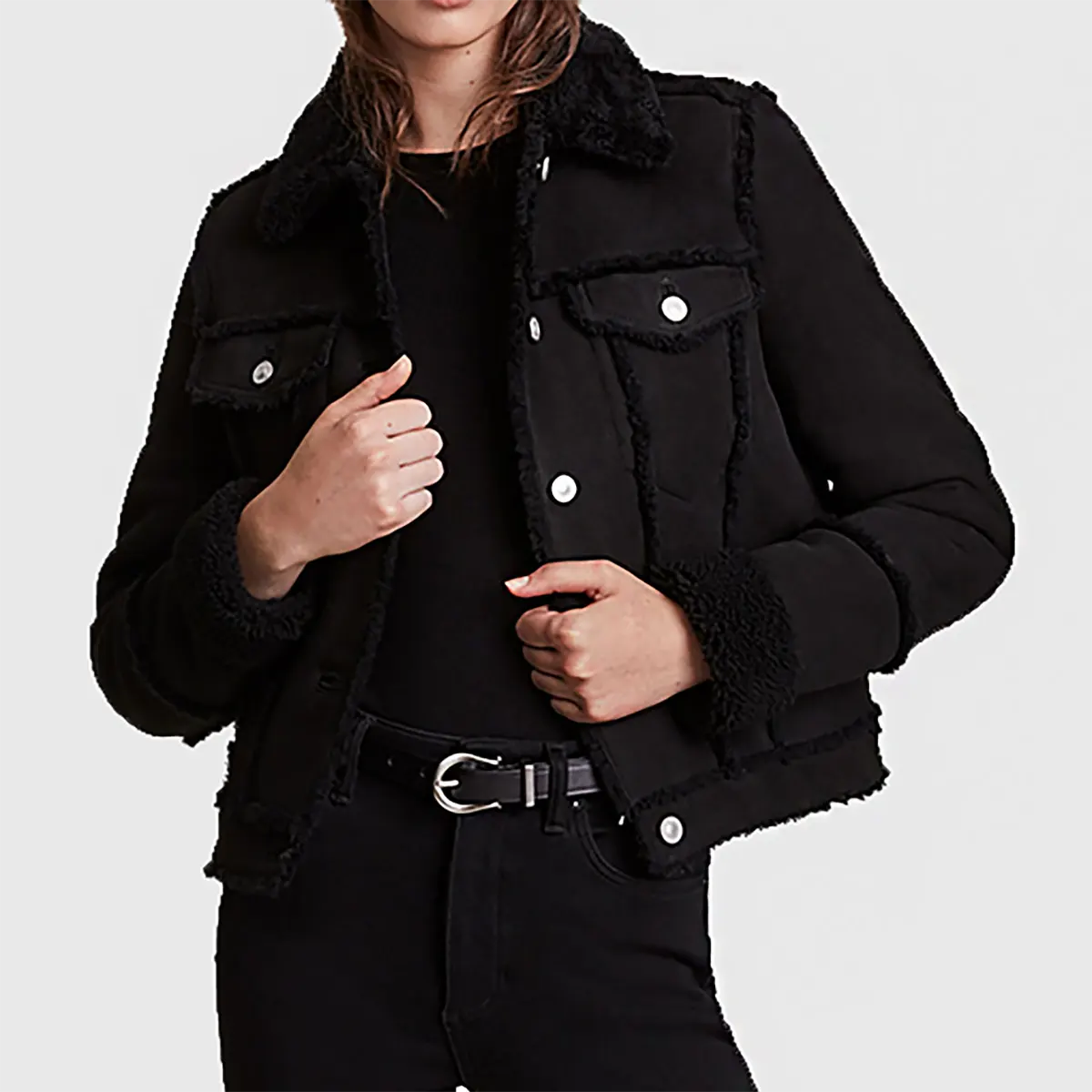 Laura-Womens-Black-Trucker-Shearling-Leather-Jacket-3.Webp Laura Women’s Black Trucker Shearling Leather Jacket - Image 1