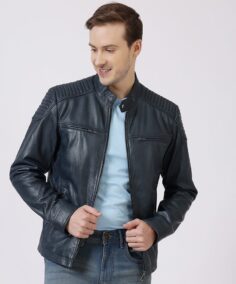 Thomas Navy Leather Biker Jacket