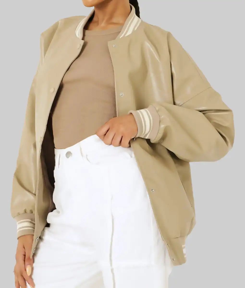 Louisse-Womens-Beige-Leather-Varsity-Jacket-1.Webp Louisse Women’s Beige Leather Varsity Jacket - Image 1