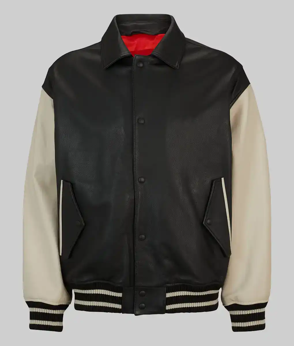 Men’s Black And Off-White Leather Varsity Jacket Men’s Black And Off-White Leather Varsity Jacket