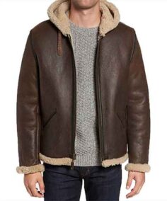 Dowell Dark Brown Hooded Shearling Leather Jacket