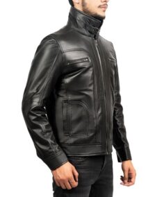 Men’s Black Biker Leather Jacket Side View