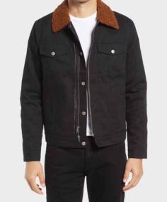 Men’s Black Cotton Brown Shearling Collar Jacket