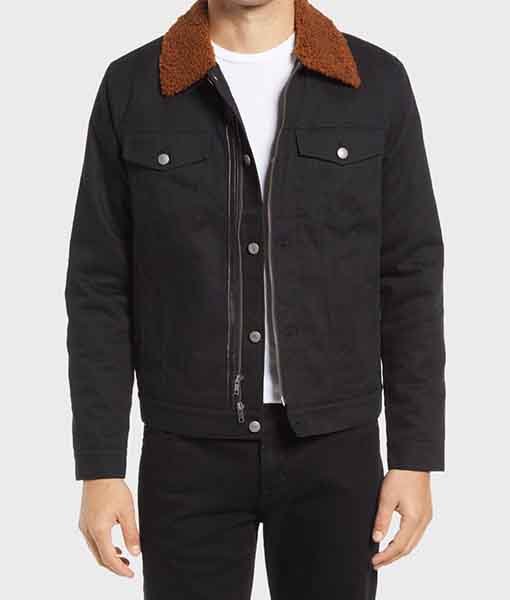Men’s Black Cotton Brown Shearling Collar Jacket Men’s Black Cotton Brown Shearling Collar Jacket