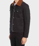 Men’s Black Cotton Brown Shearling Collar Jacket Side