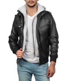 Men’s Black Hooded Bomber Jacket - Trendy Leather Jackets