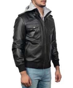 Men’s Black Hooded Bomber Jacket Side View - Trendy Leather Jackets