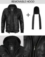 Mens Black Leather Jacket With Removable Hoodie - Image 3
