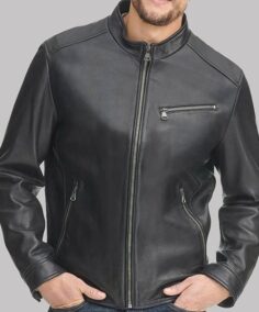 Men’s Black Leather Stand-up Collar Biker Jacket