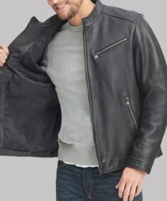 Men’s Black Leather Stand-up Collar Biker Jacket Side View