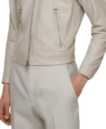 Men’s Cream Simple Leather Jacket Close