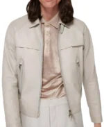 Men’s Cream Simple Leather Jacket Front