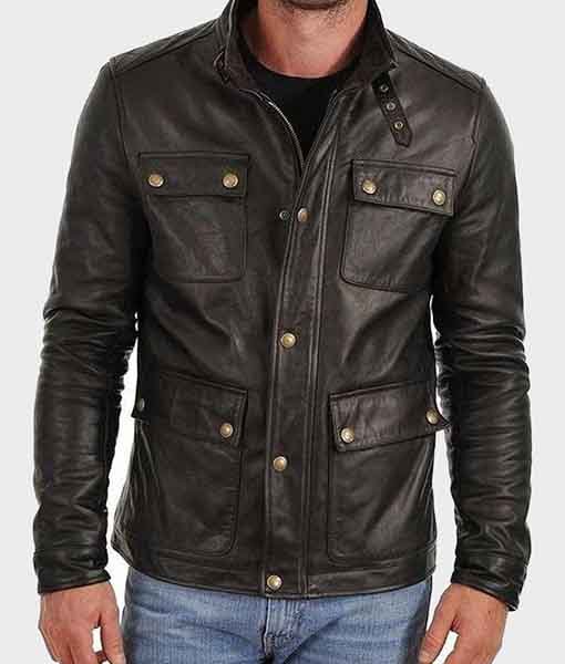 Mens-Four-Pocket-Black-Leather-Jacket.jpg Men’s Four Pocket Black Biker Leather Jacket - Image 1