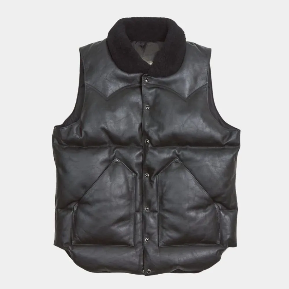 Mens-Sherpuff-Black-Leather-Puffer-Vest-With-Faux-Shearling-Collar-Real-Leather-Down-Vest-Front-View-1.Jpg Sherpuff Black Puffer Vest - Image 1