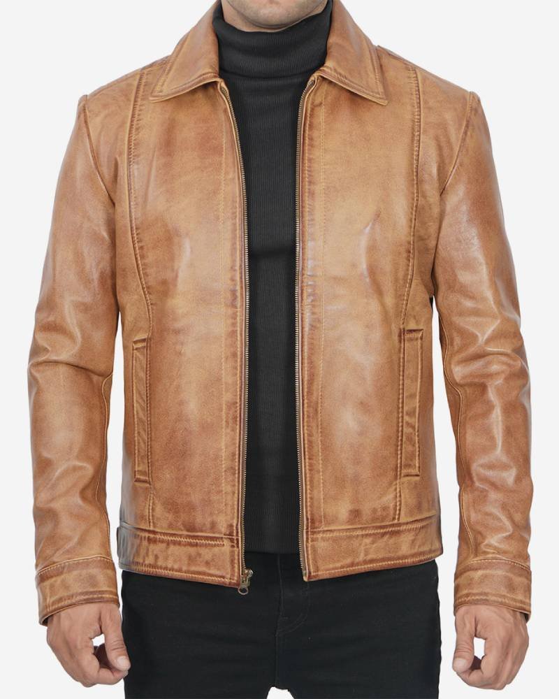Mens-Shirt-Collar-Yellow-Waxed-Leather-Jacket.jpg Mens Shirt Collar Camel Waxed Leather Jacket - Image 1