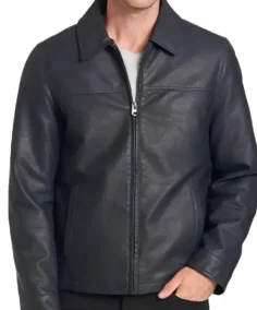 Men’s Simple Black Faux Leather Jacket Front