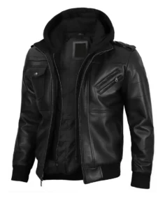 Men's Black Double Zip Hooded Leather Jacket
