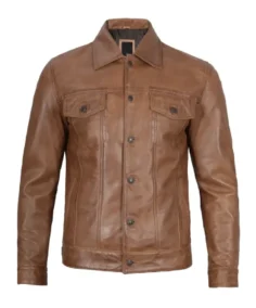 Mens Camel Brown Trucker Leather Jacket - Trendy Leather Jackets