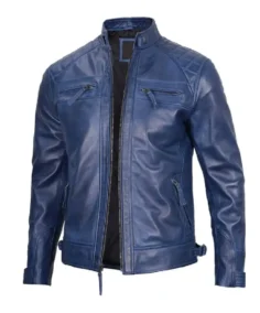 Mens Blue Wax Cafe Racer Leather Jacket - Trendy Leather Jackets