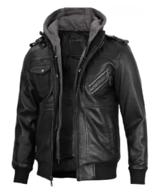 Men Black Double Zip Hooded Leather Jacket