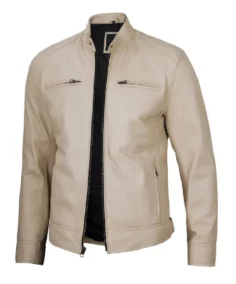 Mens Beige Cafe Racer Leather Jacket - Trendy Leather Jackets