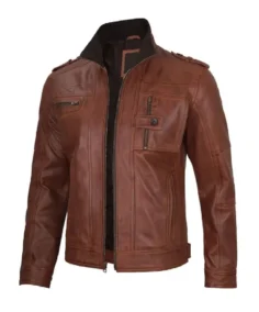 Mens Cognac Brown Leather Biker Jacket - Trendy Leather Jackets