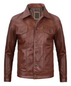 Fernando Men’s Harrington Brown Leather Trucker Jacket - Trendy Leather Jackets