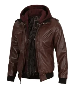 Mens Dark Brown Hooded Leather Bomber Jacket